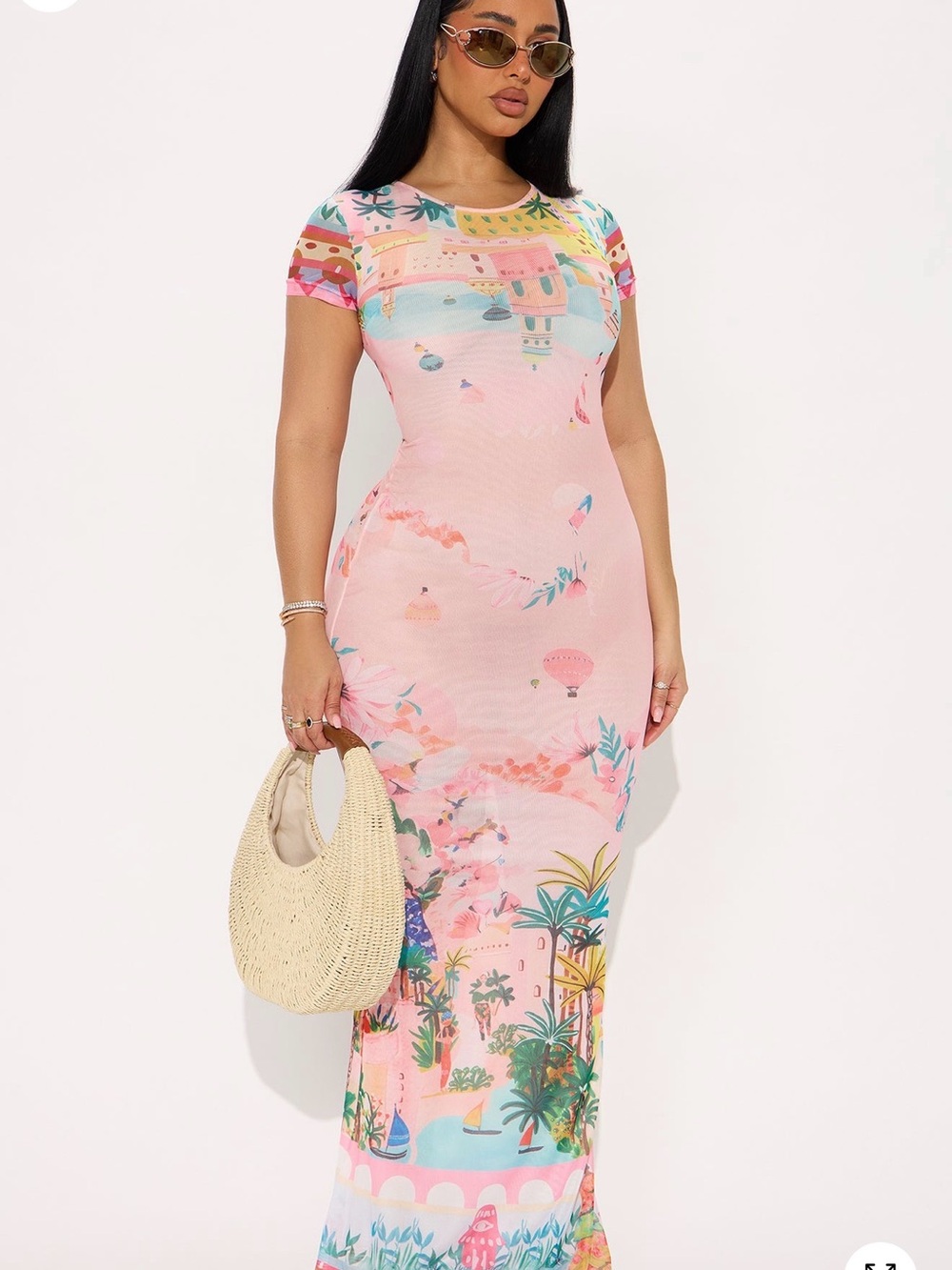 Fashion Nova Pink Tropical Print Short-Sleeve Maxi Dress